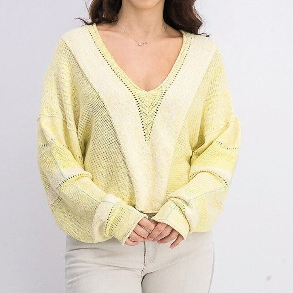 Free People Lemonade Stand Sweater Size‎ S Women Cropped Knitted Relaxed V Neck